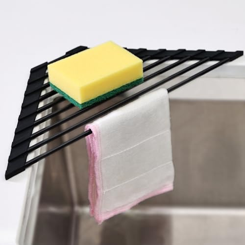 KitchenRaku Escurreplatos triangular, 40,8 x 7,2 cm, alfombrilla plegable para el fregadero de la cocina, acero inoxidable 304/silicona, como escurridor para el fregadero de la cocina (negro)