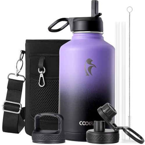 Coolflask Bouteille d'eau isotherme de 1,89 l avec paille et 3 couvercles, grande carafe à eau de 1,89 l en métal acier inoxydable à large ouverture pour le sport, la salle de sport ou le bureau, sans