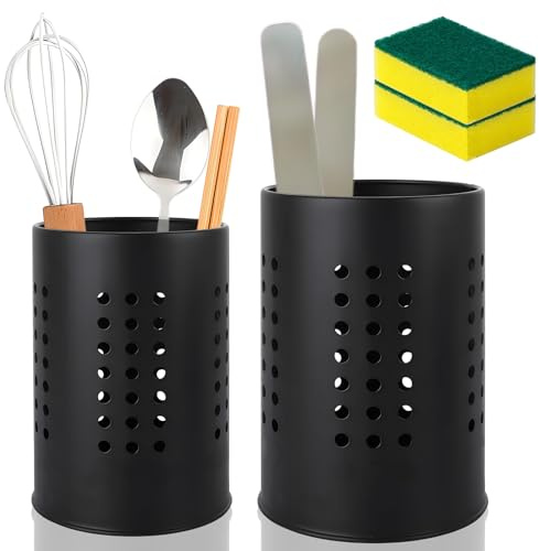 2 Pcs Stainless Steel Kitchen Utensils Holder and 2 Pcs Cleaning Sponges | Black Utensil Holders,Cutlery Drainer for Sink, Kitchen Utensil Holder, Countertop Organizer Easy Access to Cutlery