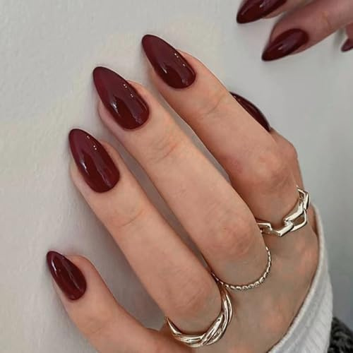 Wine Red Almond Nails - Press on Nails Almond Glossy Pure Color - Burgundy False Nails with Glue Full Cover Acrylic - Stick on nails Reusable for Women and Girls Winter Wear