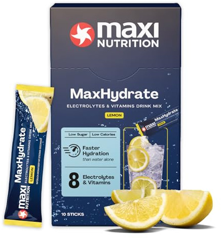 MaxNutrition MaxHydrate Classic Elektrolyte Pulver, 10 Sticks mit 1.389 mg Elektrolyten, Isotonisches Getränkepulver zur besseren Flüssigkeitsversorgung des Körpers, Lemon Lime, Vitamin Drink