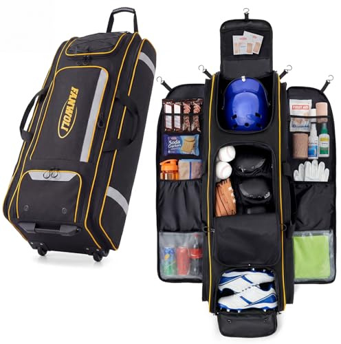 Fanwoli 90L Catchers Gear Bag with Wheels, Rolling Baseball & Softball Bag for 8 Bats, Multi-Pockets, Shoe Compartment, Reflective Strip, Fence Hook, Portable Equipment Bags for Youth & Adult, Black