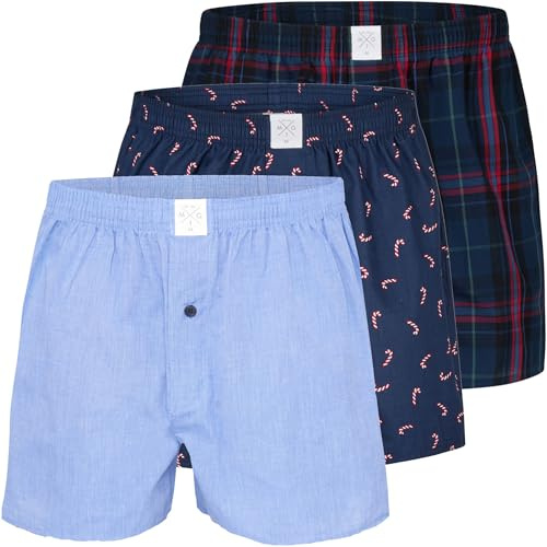 MG-1 3er Pack Herren Boxershorts aus 100% Baumwolle Webboxer mit Knopfleiste, elastischem Bund & Weihnachtsmotiv - Geschenkidee