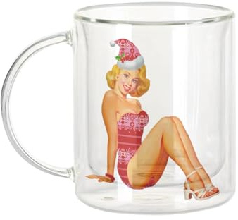 Fabulous Mug Verre Double Paroi - Pin Up De Noel Vintage Retro Mere Noel 50's - Tasse a Cafe et The Isotherme 330ml Effet Suspendu Anti-Brulure Imprime en France