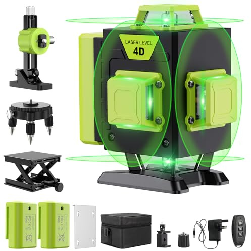 Kreuzlinienlaser Grün 16 Linien Nivellierlaser, 4 x 360 ° Laser wasserwaage, linienlaser kreuzlaser selbstnivellierend für Innenbereich Baustelle, 2 x Batterie Vermessungskabine