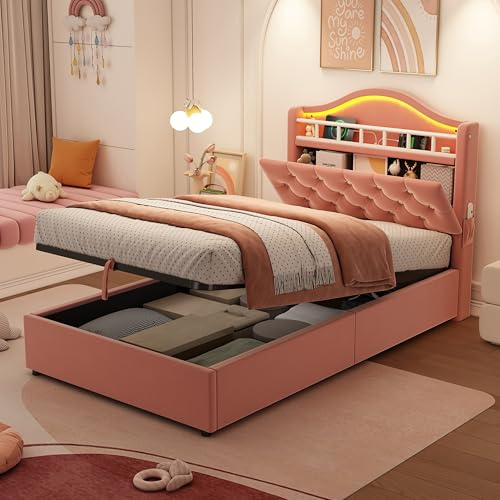 3ft Single Ottoman Bed Frame with Hydraulic Lift&LED Concealed Storage Headboard, Functional Upholstered Bed with Charging Station, Velvet Gas Lift Bed Children's bed with Metal Slat, No Mattress,Pink