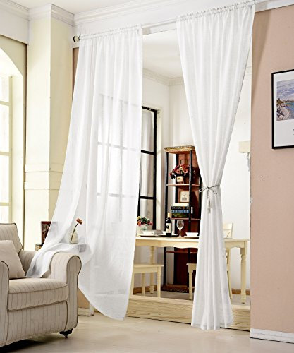 WOLTU Gardinen transparent mit Kräuselband Vorhang Leinenoptik Halbtransparent Voile Leinenvorhang Stores Fensterschal Dekoschal Wohnzimmer Kinderzimmer Schlafzimmer, 140x175 cm Weiß (1 Stück)