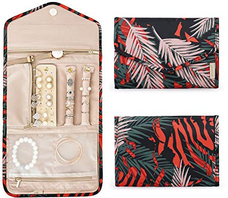 bagsmart Travel Jewellery Organiser Roll Foldable Jewelry Case for Journey-Rings, Necklaces, Bracelets, Earrings (Red Leaf Pattern)