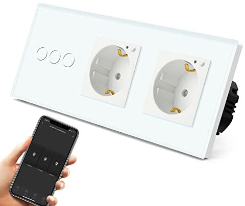 BSEED Smart Touch Alexa Lichtschalter mit Doppel WIFI Steckdose 3-Fach 1 Weg (Neutralleiter Erforderlich) Work mit Tuya Alexa/Google Home Weiß