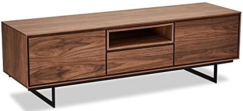 Ibbe Design Nussbaum Matt Tv Tisch Lowboard MDF Walnuss Furnier Tokyo mit 2 Türen und Schublade, Schwarz Metall Gestell, 160x45x50 cm