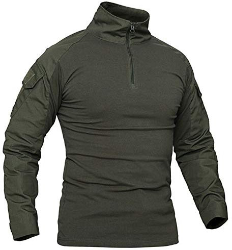 Men's Military Tactical Long Sleeve Shirt Breathable Hunting Combat T Shirts Quick Dry Outdoor Tops 1/4 Front Zip Camouflage Airsoft Shirts Army Green M