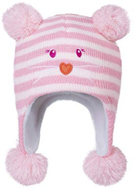LANGZHEN Kleinkind Kinder Kleinkind Winter Hut, Earflap Strick Warme Kappe Fleece gefütterte Mütze für Baby Jungen Mädchen (Bär-Rosa Streifen, 6-12 Monate)