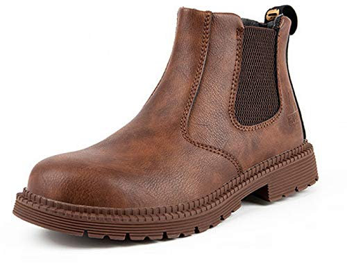 Zapatos de Seguridad Hombre, Botas de Seguridad para Hombre,Zapatos de Cuero con Punta de Acero Botas de Trabajo Impermeables y Transpirables Botas Zapatos Sin Cordones,Brown-48
