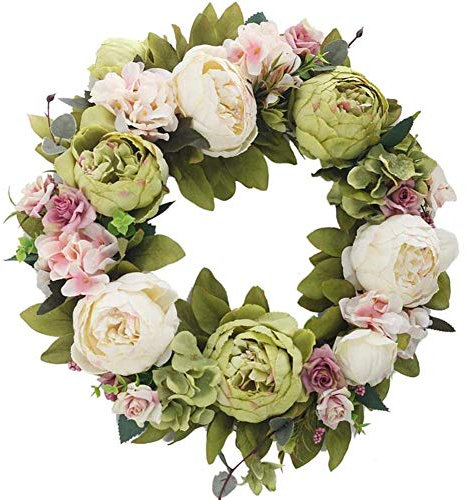 Künstliche Blumenkranz Frühlings-Kranz Artificial Peony Hydrangea-Blumen-Tür-Kranz mit Blumen Deko frühling Deko Kranz,Deko Wandkranz Girlande Kunstpflanzen Hängen Kranz für Frühling und Sommer,40cm