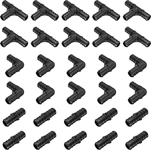 1/2 Pex Plastic Fittings with Pex Tees T ,Pex Elbows, Pex Couplers for Copper Crimp/Cinch Rings Poly Alloy PEX Fittings Combo for Pex A & Pex B Pipe in Plumbing [Pack of 30 Black]