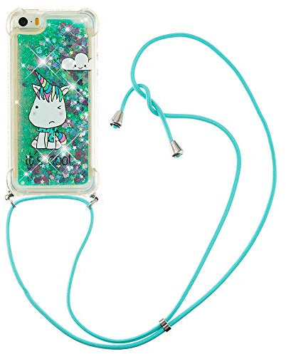 Moving Quicksand Bling Phone Case for iPhone 5/ 5s / SE (2016) Mobile Phone Cover Lanyard Neck Strap Protective Phone Cover Necklace Case for iPhone 5/ 5s / SE (2016) (Green Unicorn)