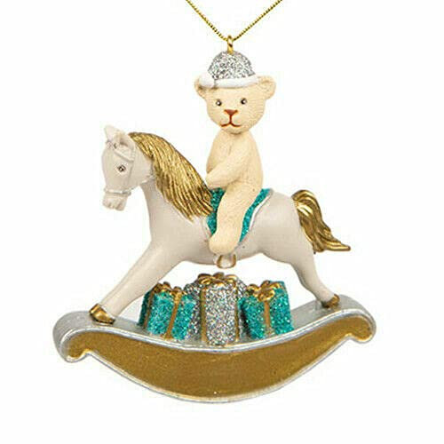 Chichi Gifts Personalised Turquoise Teddy Bear & Rocking Horse Decoration Ornament Bauble with LASER ENGRAVED name
