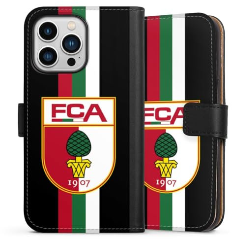 Klapphülle kompatibel mit Apple iPhone 13 Pro Handyhülle aus Kunst Leder schwarz Flip Case FC Augsburg FCA Offizielles Lizenzprodukt
