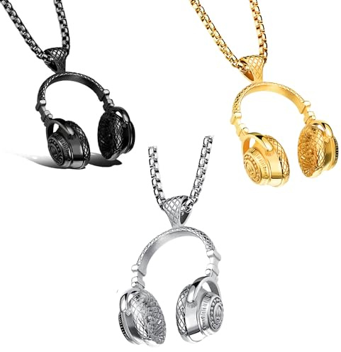 3 PCS Headphones Necklace Pendant with Chain Silver Black Gold | Gift for Music Lovers Fans | Beautiful Stylish Unique Design | Musical Jewellery | Headphone Jewelery | Present for men or women
