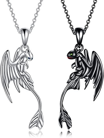 YFN Drachen Halskette Sterling Silber Kette Paar von 2 weißen und schwarzen Charme Drachen Anhänger für Frauen