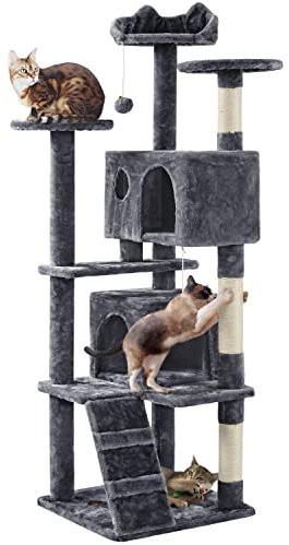 Yaheetech Arbre à Chat avec 2 Niches 3 Plateformes 2 Boules en Sisal Arbre à Grimper Multi-Niveaux Hauteur 158cm Idéal pour 3-4 Chats Gris Foncé