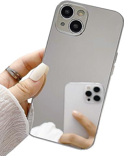 JANDM iPhone 14 Glossy Hard Mirror Case - Silver Plating Makeup Mirror for Women Girls, Shockproof Camera Full Protection