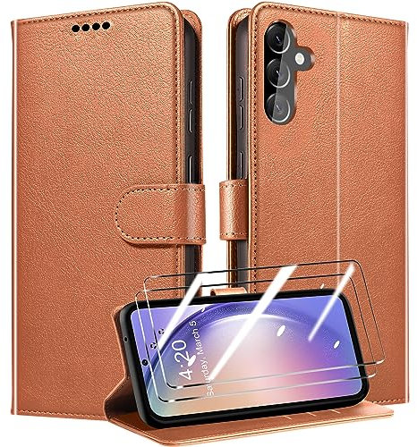 QHOHQ Handyhülle für Samsung Galaxy A54 5G Hülle + 2 Stück Panzer Schutz Glas, Premium PU Schutzhülle, [RFID Anti-Diebstahl Schutz], Magnetisches Flip Case für Samsung A54 5G - Braun