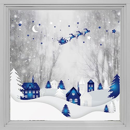 Alwayspon Statische Fensterfolie für Weihnachten, Privatsphäre, doppelseitige Schneeflocken-Fensteraufkleber, Anti-UV-Glasfolie für Weihnachtsdekoration, Dorf im Winter T027