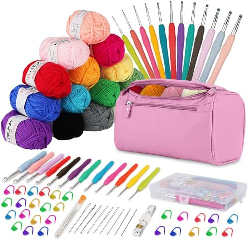 Crochet Kits for Beginners Adults Crochet Kit 15Pcsx25g Crochet Yarns Ergonomic Metal Crochet Hooks 2mm-8mm Knitting Accessories Tools Storage Case Needles Crochet Starter Kit-Pink