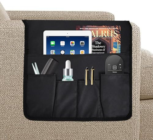 Volumoon Organiseur d'Accoudoir de Canapé, Antidérapant, 5 Poches, Sofa Fauteuil Sac de Rangement à Suspendre D'accoudoir, pour Télécommande, Tablette, Câble de Recharg, Magazine, Lunettes (Noir)