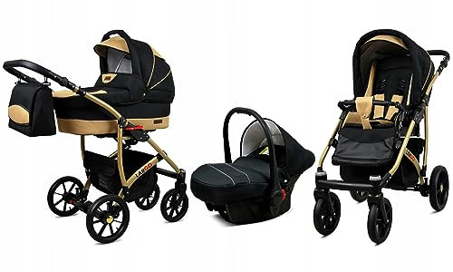 BabyLux® Kinderwagen Set 3 in 1 - Largo - incl. Babywanne, Buggy Sportsitz, Auto-Babyschale - Autositz - Kinderwagenset - Kombikinderwagen mit Wickeltasche, Regenschutz usw.