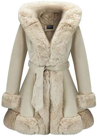 GRAN ORIENTE Wildlederjacke für Damen mit Kunstfellkragen, langärmelig, warm, Winter-Parka, Mantel mit Gürtel, Oberbekleidung, Beige, Small