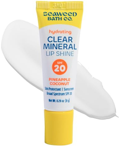 Seaweed Bath Co. Hydrating Clear Mineral Lip Shine - SPF 20 Sunscreen Zinc Oxide Lip Balm - Nourishing Care to Hydrate & Protect Dry, Chapped Lips - Natural Pineapple Coconut Flavor- 0.28 oz