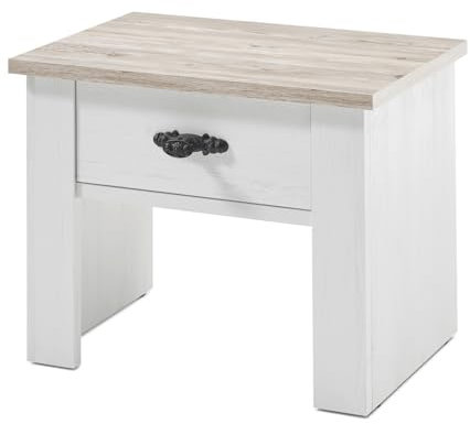 Furn.Design Nachttisch in weiß Pinie und Oslo Pinie Landhaus Nachtkommode Landhaus Stil Nachttschrank 58 x 45 cm Rovola