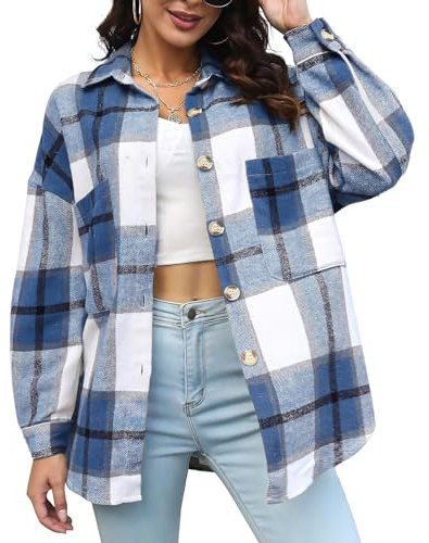 DayaEmmoTQ Blouses à carreaux pour femmes décontractées - Oversize Revers Manteau en laine Veste de chemise Mode Manches longues Manteau d'hiver Automne Hiver Chaud Chemisier, bleu, L