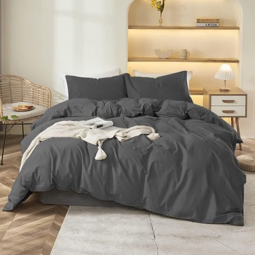 Menkala Bettwäsche 135x200 4teilig Anthrazit Grau Uni Einfarbig Microfaser Bettbezug 4 Teiligs Set Dunkelgrau Unifarben Weich Bügelfrei 2 Deckenbezug und 2 Kissenbezug 80x80cm mit Reißverschluss