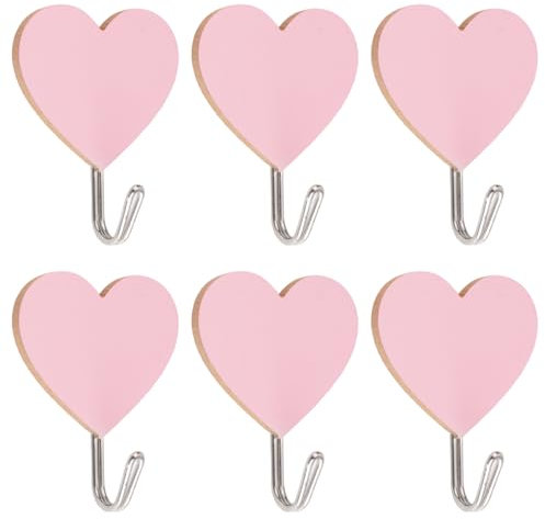 MOROBOR Ganci autoadesivi in legno a forma di cuore, 6 pezzi, resistenti, autoadesivi, per bagno, cucina, ufficio, colore rosa
