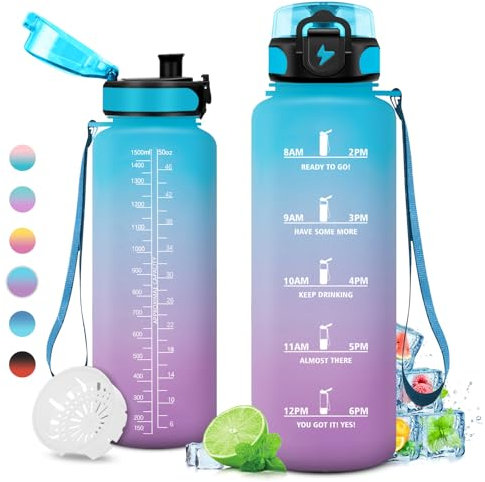 Gourde 1.5L Sport, Grande Gourde Gym, Étanche et Réutilisable, Bouteille d'eau avec Marqueur de Temps et Filtre, Gourde sans BPA, pour Adulte, l'école, Voyage, Camping, Randonnée, Running, Campeggio