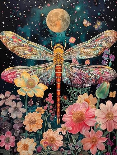 Bimkole 5D Diamond Painting DIY Kits Fleur De Libellule, Animal Broderie Diamant Kits De Broderie Au Point De Croix Strass Rond Résine Peinture Décor à La Maison 30x40cm