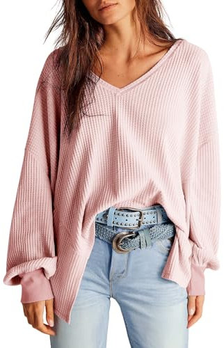 Dokotoo Womens Tops Long Sleeve Waffle Knit V Neck Oversized Women's Blouses Shirts Fall Winter Women Top Tshirts Loose Fit Casual Ladies Blouse T-Shirts Light Pink 2XL UK