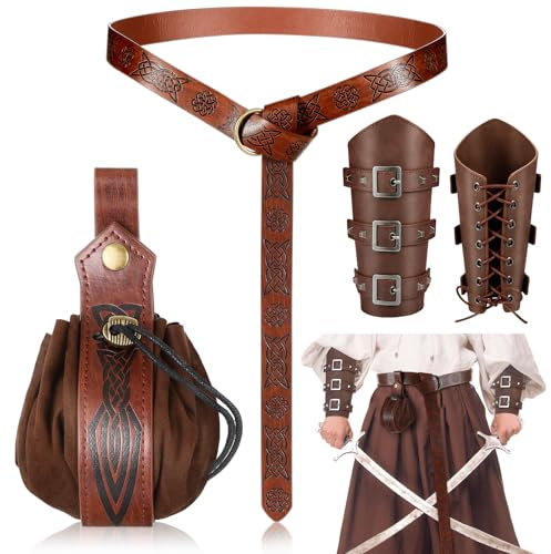 SATINIOR Halloween Nekromanten Anzug Mittelalterliche Accessoires Set Mittelalter Armschienen Geprägter Gürtel Kunstleder Gürtelbeutel für Wikinger Piraten Hexe Ritter (Keltischen Knotenprägemuster)