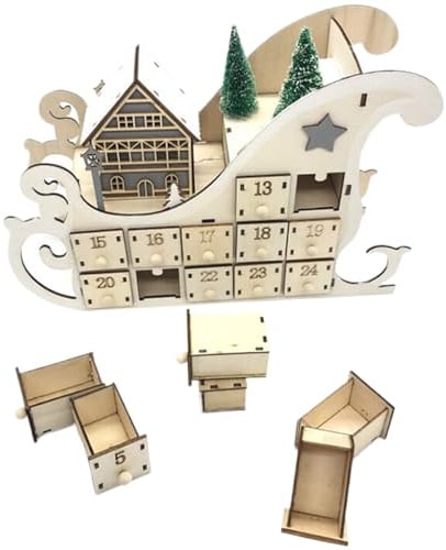 Calendrier de l'Avent en bois, calendrier du calendrier de l'avant de Noël en forme de traîneau en bois calendrier avec arbre de Noël et 24 tiroirs vides Calendrier à rebours de Noël pour la maison,