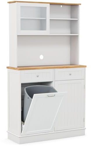 TANGZON Tall Kitchen Cupboard with Trash Bin Hamper, Tall Storage Cabinet with Adjustable Shelves, Drawers & Rubber Wood Countertop, Freestanding Wooden Sideboard for Dining Living Room, No Trash Bin