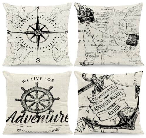 BREASOME Kissenbezug 45x45 cm 4er Set Kissenbezüge Nautische Schiffsrad Cartoon Stil Leinen Kissenhülle Dekorative Sofakissen Dekokissen Zierkissenbezug für Sofa Couch Wohnzimmer Schlafzimmer