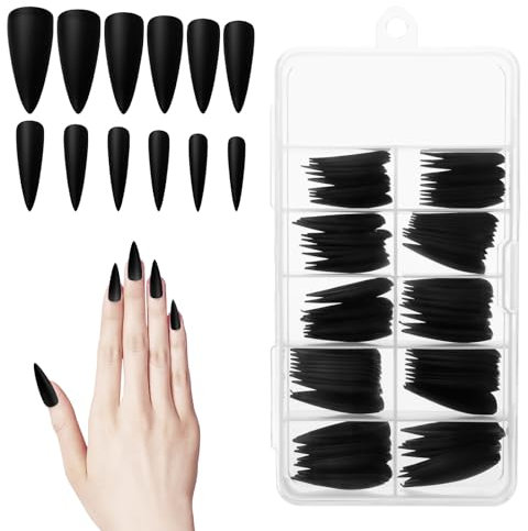 100 Stück Press on Nails Schwarz, Mandelförmige Falsche Nägel, Mittellange Künstliche Nagelspitzen, Klebe auf Nägel für Frauen, Stiletto Press ons