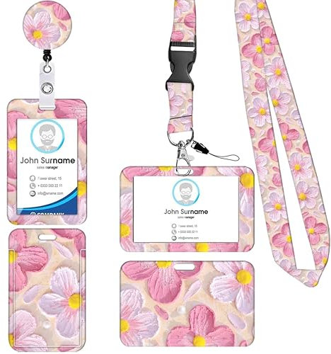 Porte Badge Tour de Cou 2 Pcs Porte-Badge avec Portant Cordon Pour Carte d'Identification Protege Carte Bancaire de Bureau Porte Carte Bus (Cherry blossom)