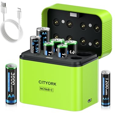 CITYORK Piles AA AAA rechargeables au lithium 1,5 V avec chargeur, 4 piles AA 3000 mWh + 4 piles AAA 1200 mWh avec boîte de rangement intégrée