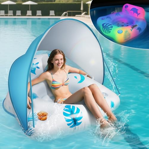 IEEILULU Luftmatratze Pool Erwachsene, Aufblasbare Schwimmsessel Pool, Solar Schwimmsitz Erwachsene Poolsitze mit Lichtern, Sonnendach und 2 Getränkehaltern für Sommerparty (Blau)