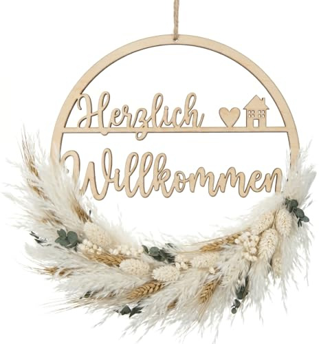 Xinnun Türkranz Trockenblumenkranz Herzlich Willkommen Schild,Haus | Holz Türkranz, Trockenblumen, Ganzjährig, Haustür Willkommensschild, Boho Türdeko, Hängedeko für Wand Fenster Deko, 25 cm