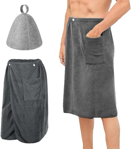 Gansdnek Bath Towel Body Wrap for Men Bring a sauna hat, Adjustable Men’s Bath Wrap Towel, Elastic Waistband and Front Pockets for Bathroom Pool Beach Spa Bathing (Gray)